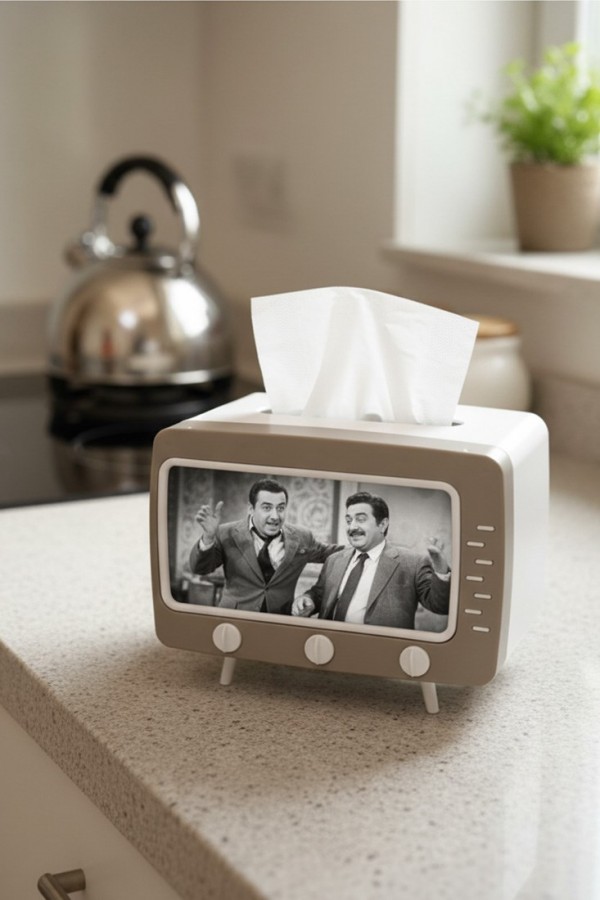 Retro TV Görünümlü Telefon Tutucu ve Peçetelik Kahverengi