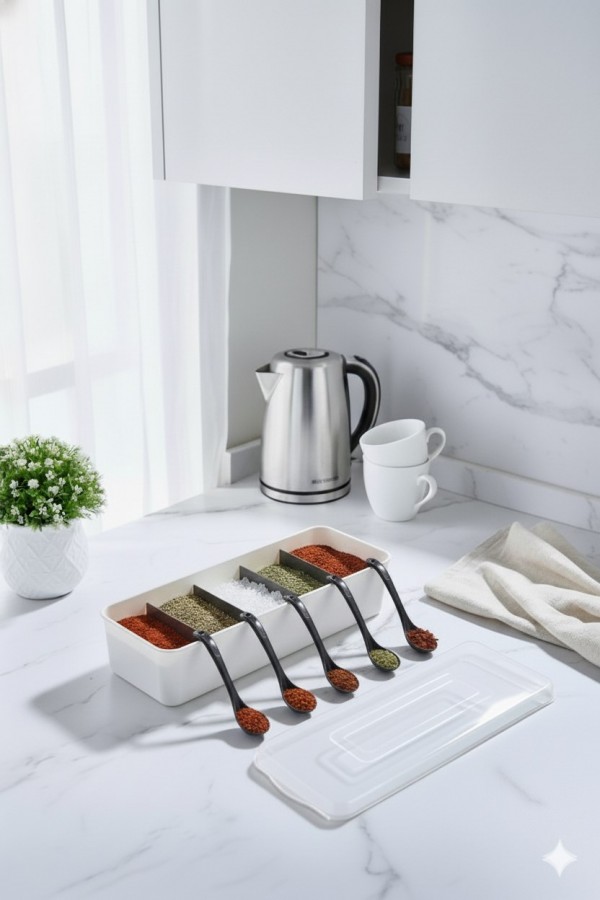 Kaşıklı Baharatlık 5 Bölmeli Baharatlık Beyaz